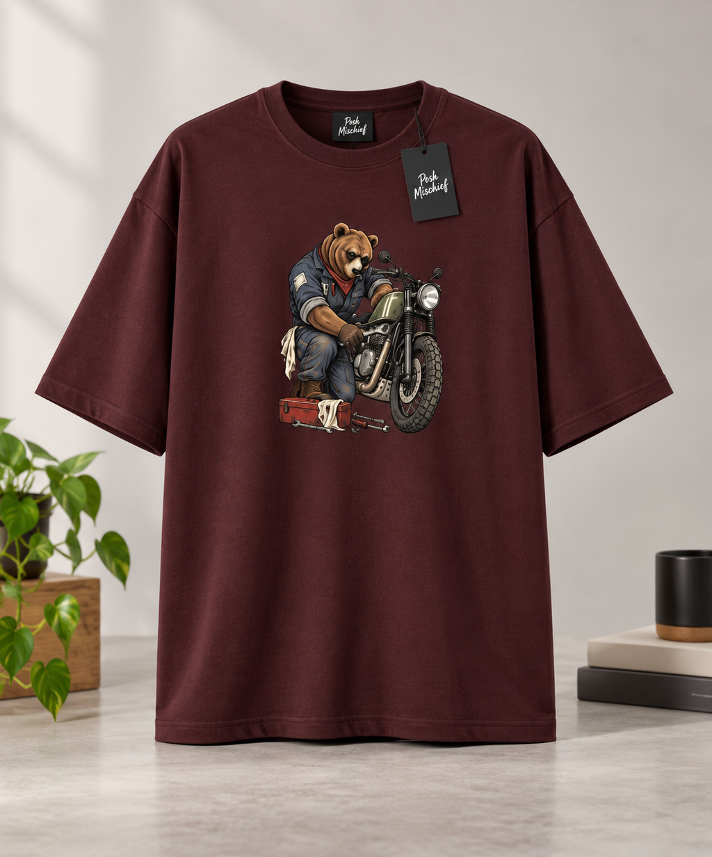 Bear Rider maroon upright single T-shirt mockup