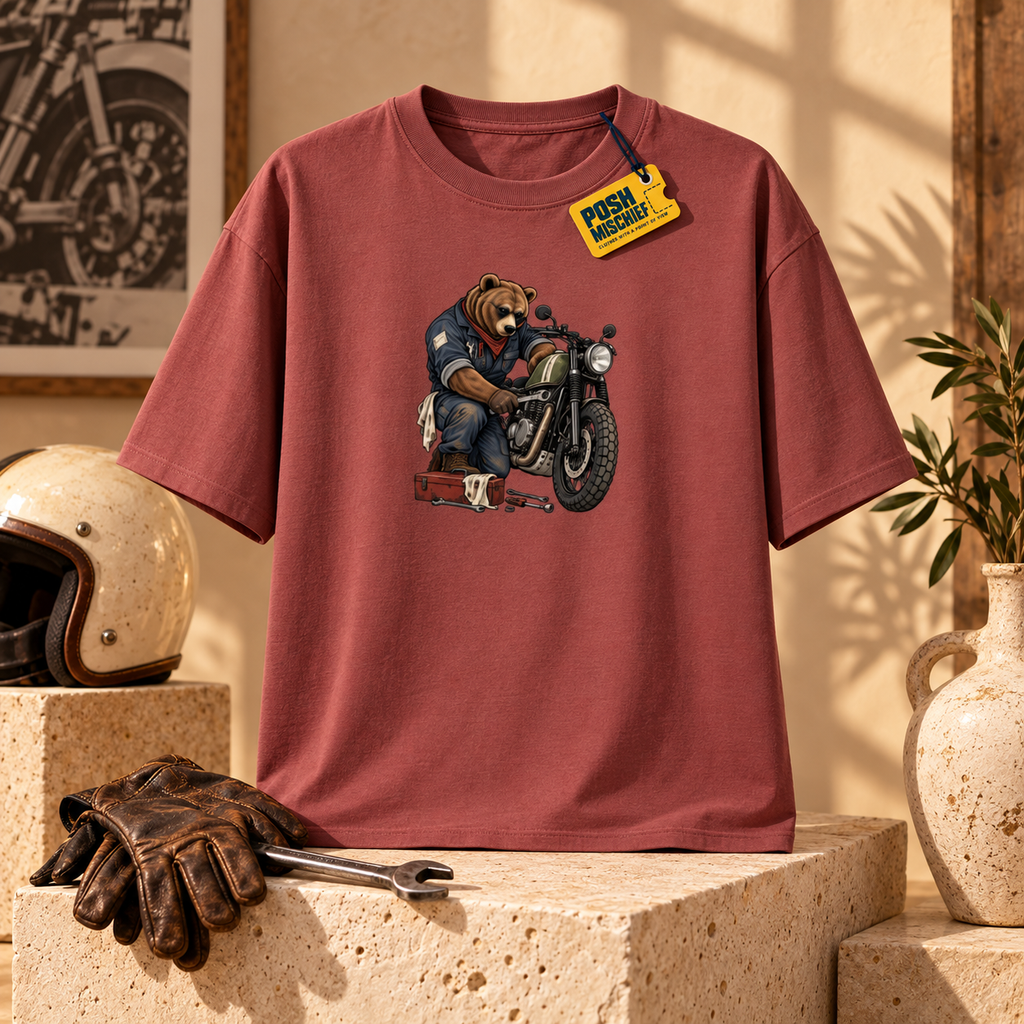 Bear Rider maroon-studio oversized T-shirt mockup