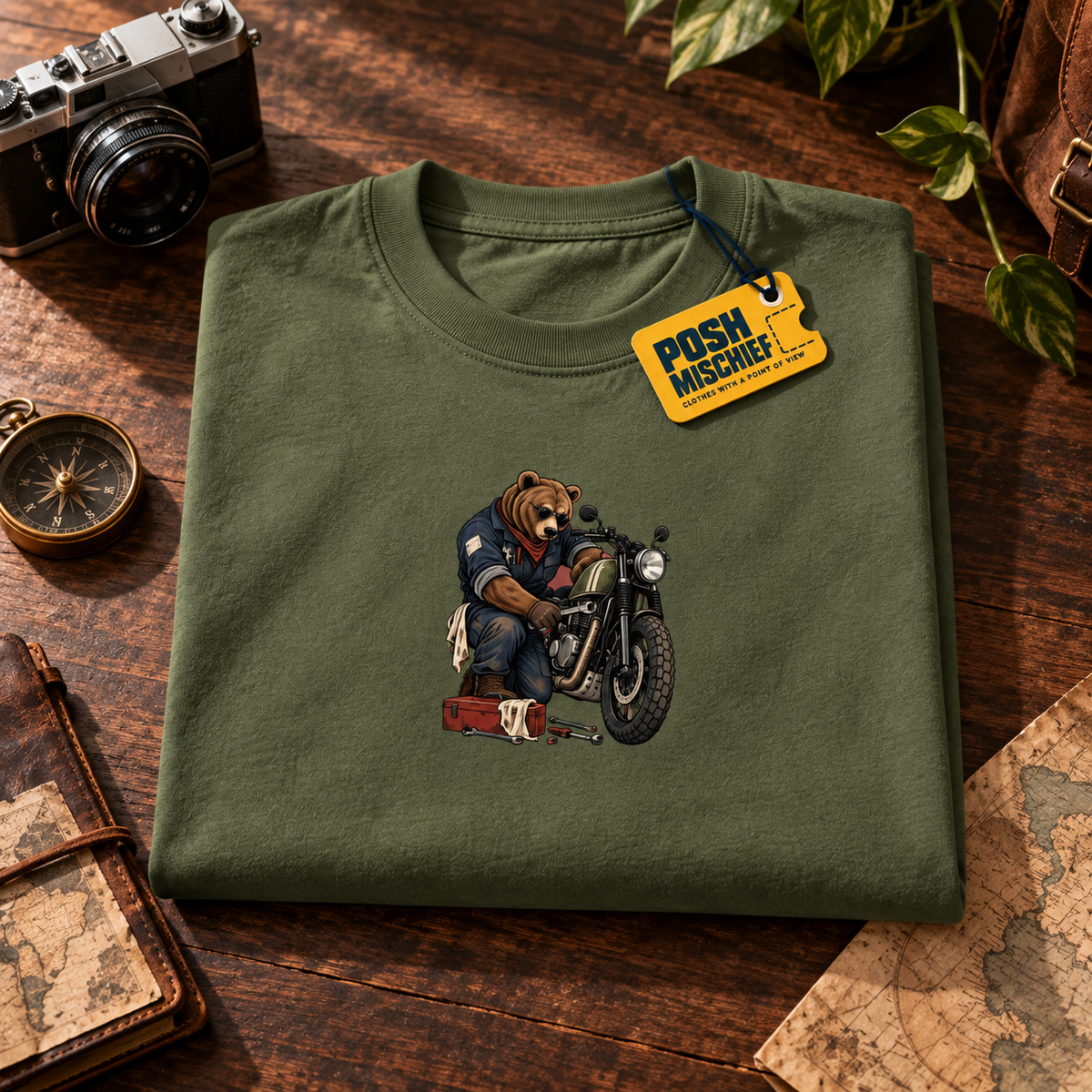 Bear Rider olive-green single T-shirt studio mockup