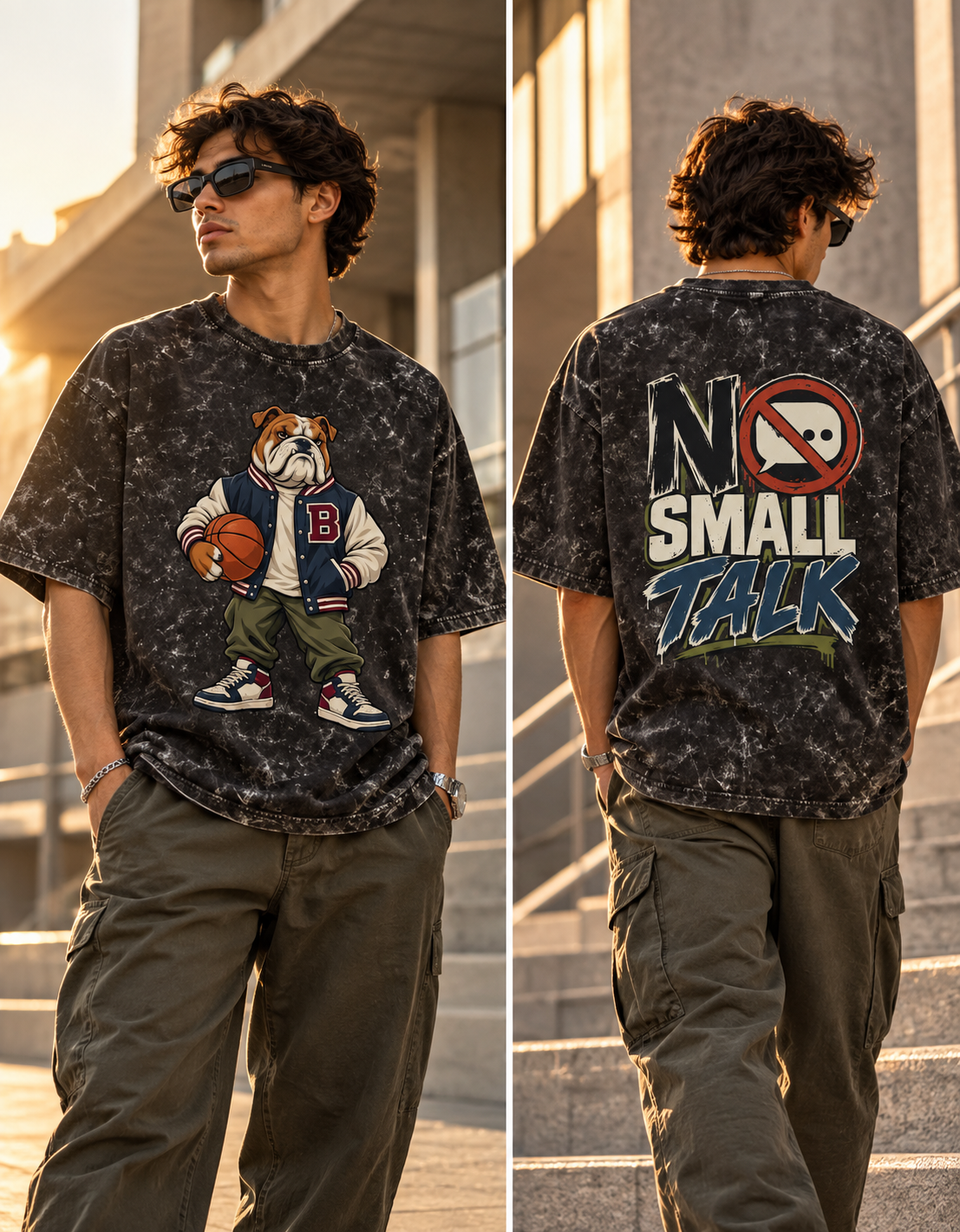 No Small Talk Bulldog Acid Wash Oversized T-Shirt
