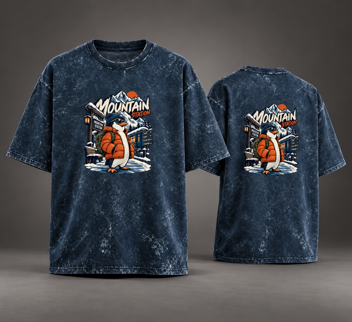Black Mountain Station Penguin acid-wash oversized T-shirt, front and back studio product view