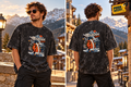 Adult model wearing the Black Mountain Station Penguin acid-wash oversized T-shirt, front and back outdoor fashion view