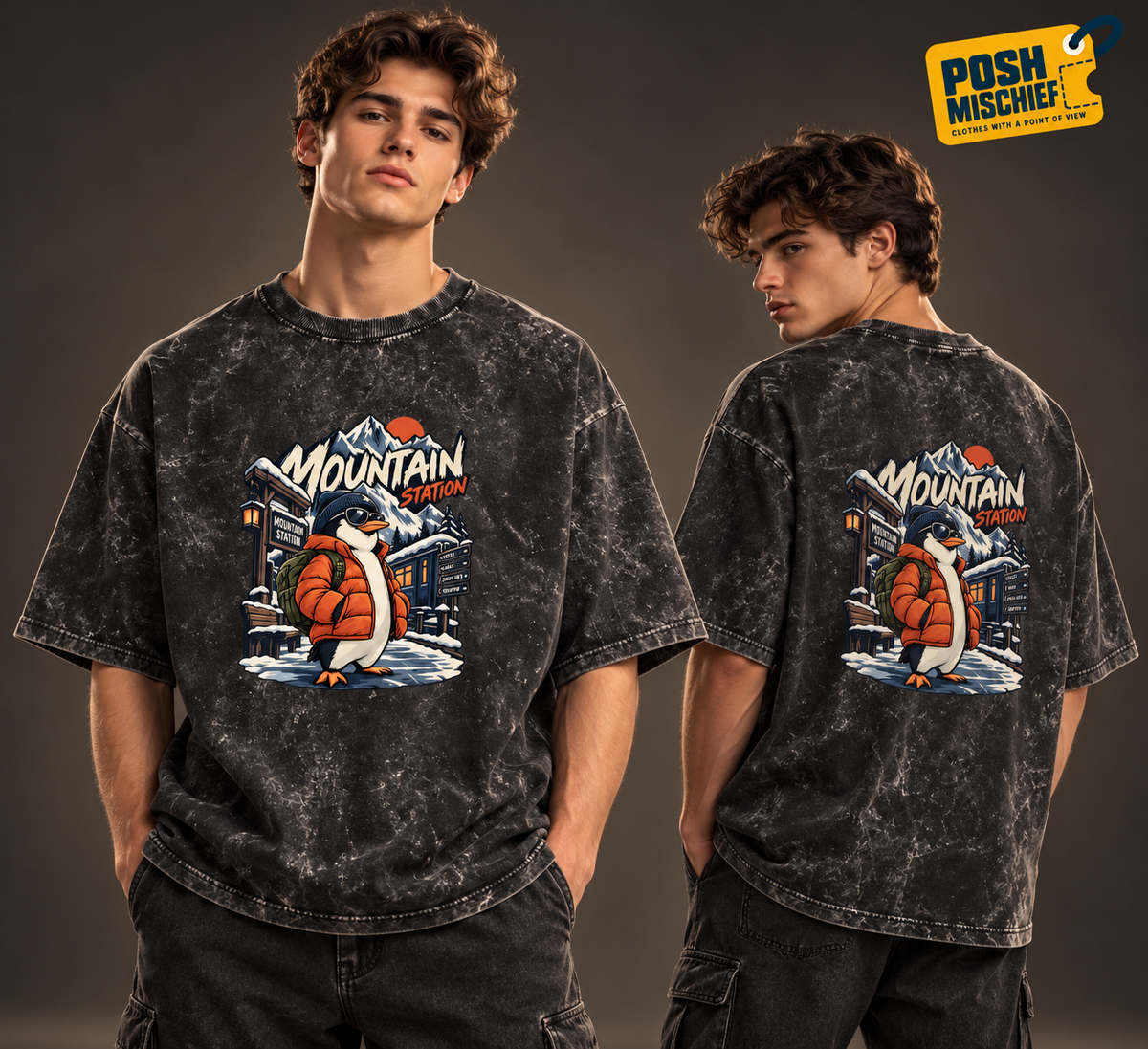 Bottle Green Mountain Station Penguin acid-wash oversized T-shirt, front and back studio product view