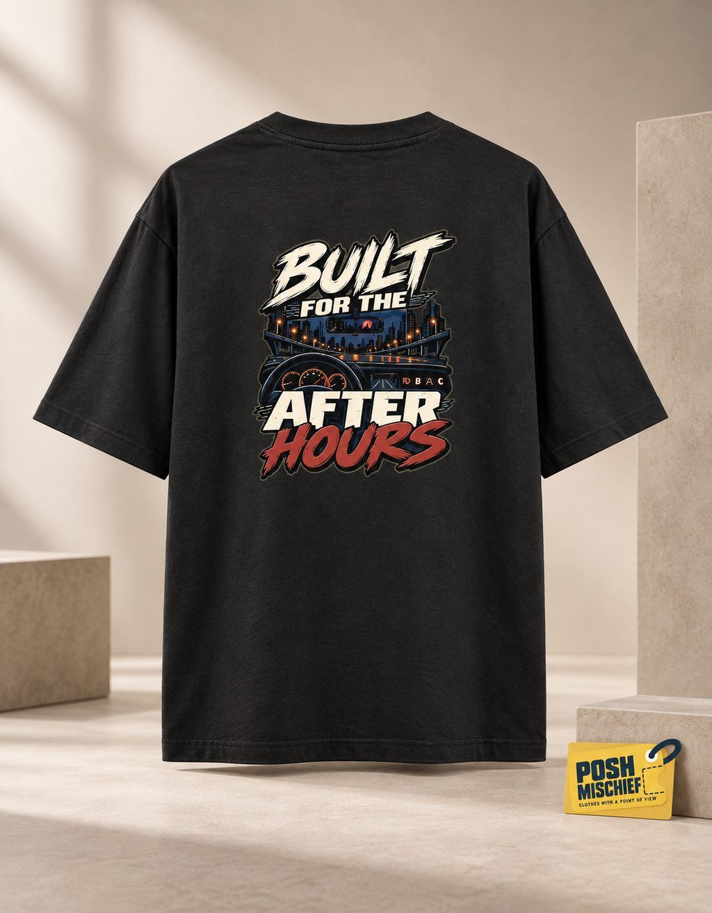 Premium studio product-only back view, Black Built for the After Hours oversized T-shirt