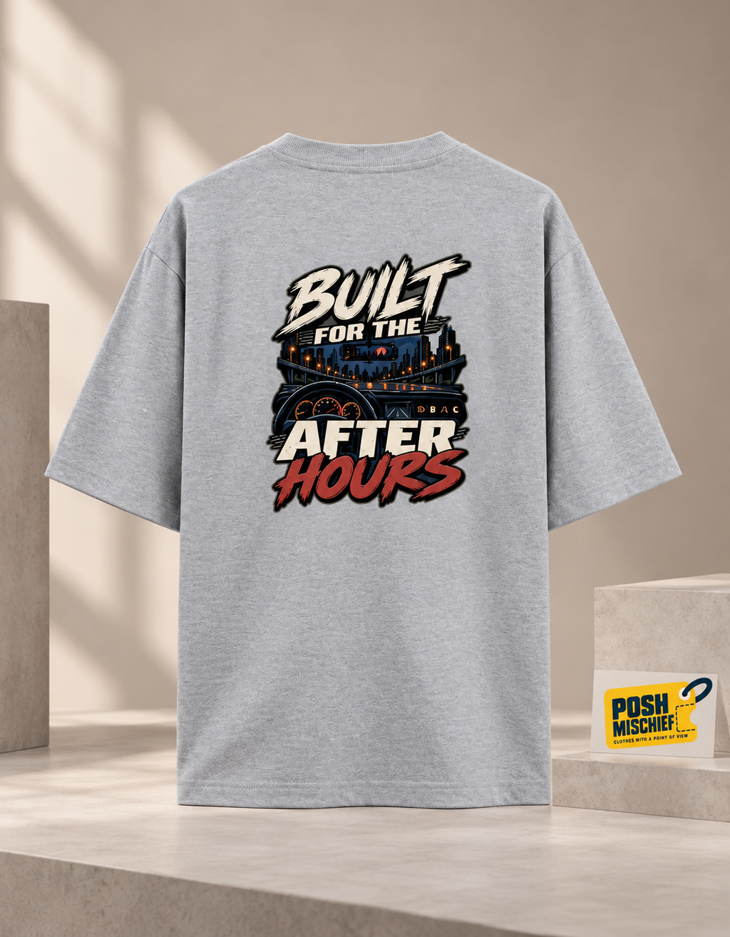 Premium studio product-only back view, Grey Melange Built for the After Hours oversized T-shirt