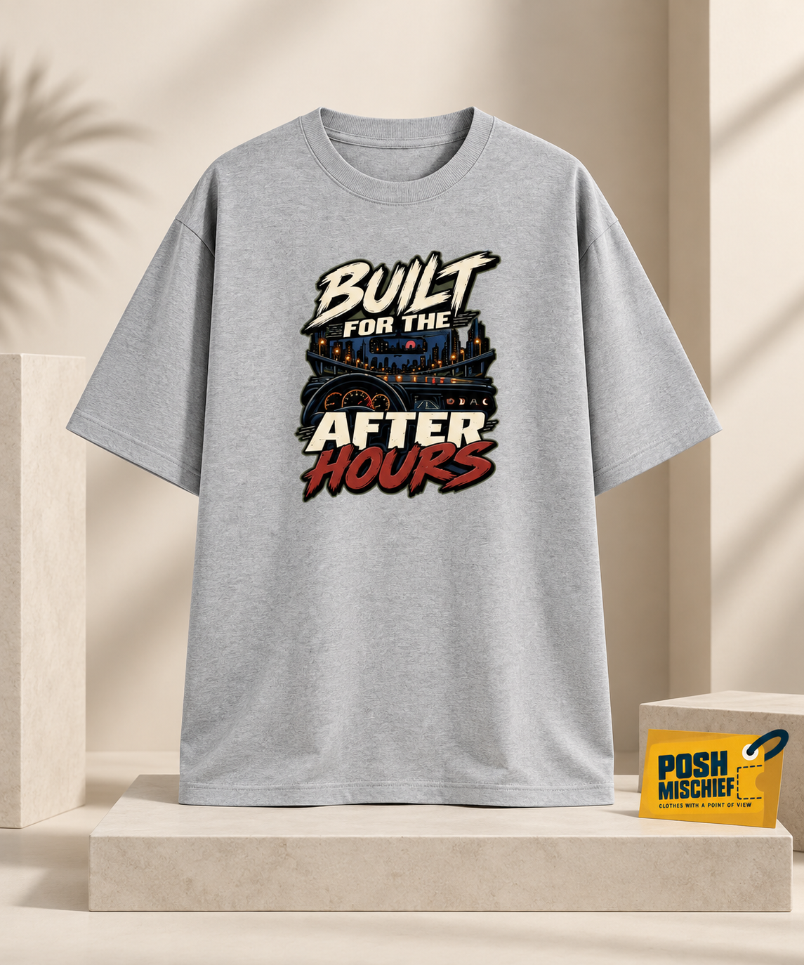 Premium studio product-only front view, Grey Melange Built for the After Hours oversized T-shirt