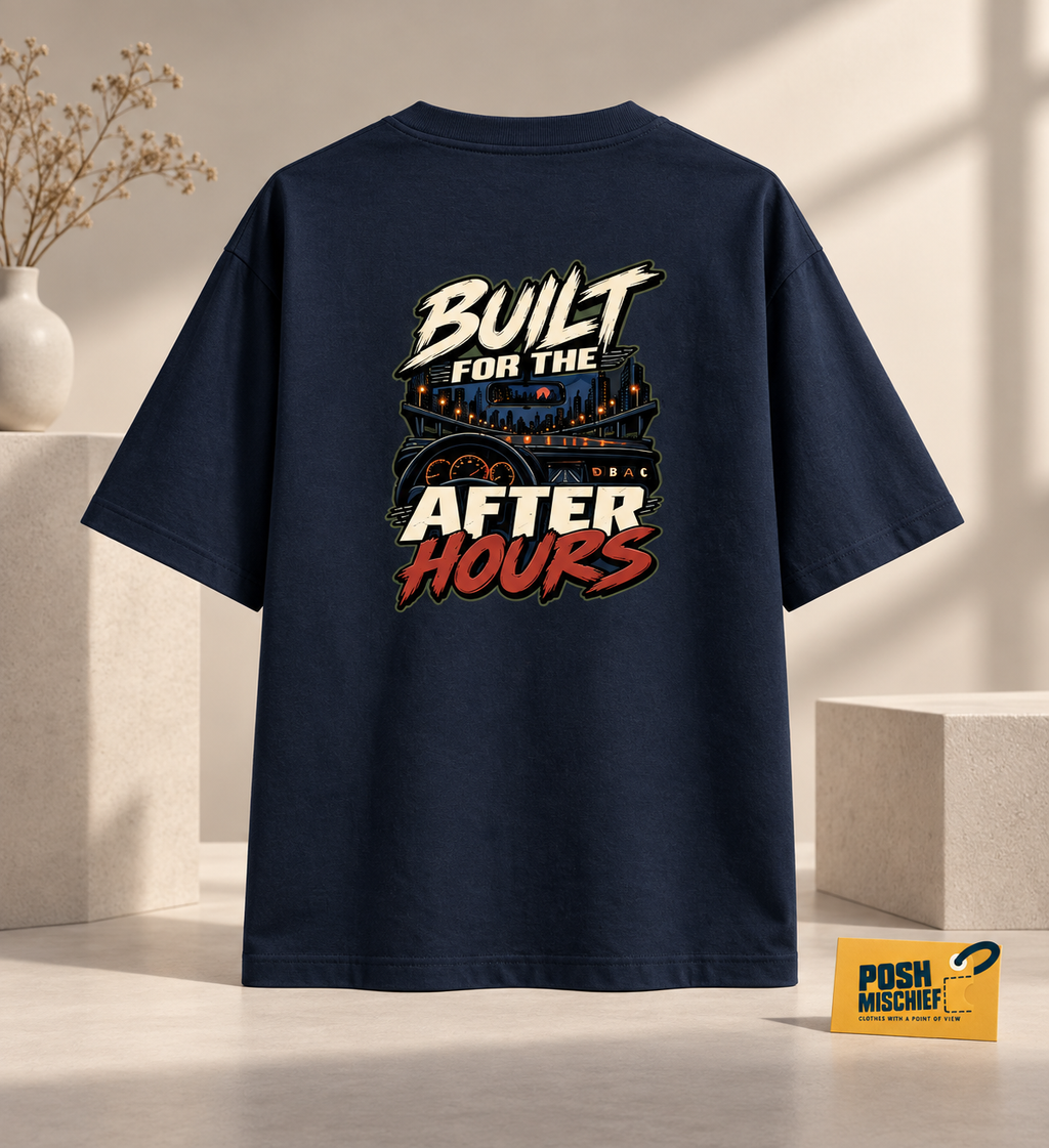 Premium studio product-only back view, Navy Blue Built for the After Hours oversized T-shirt