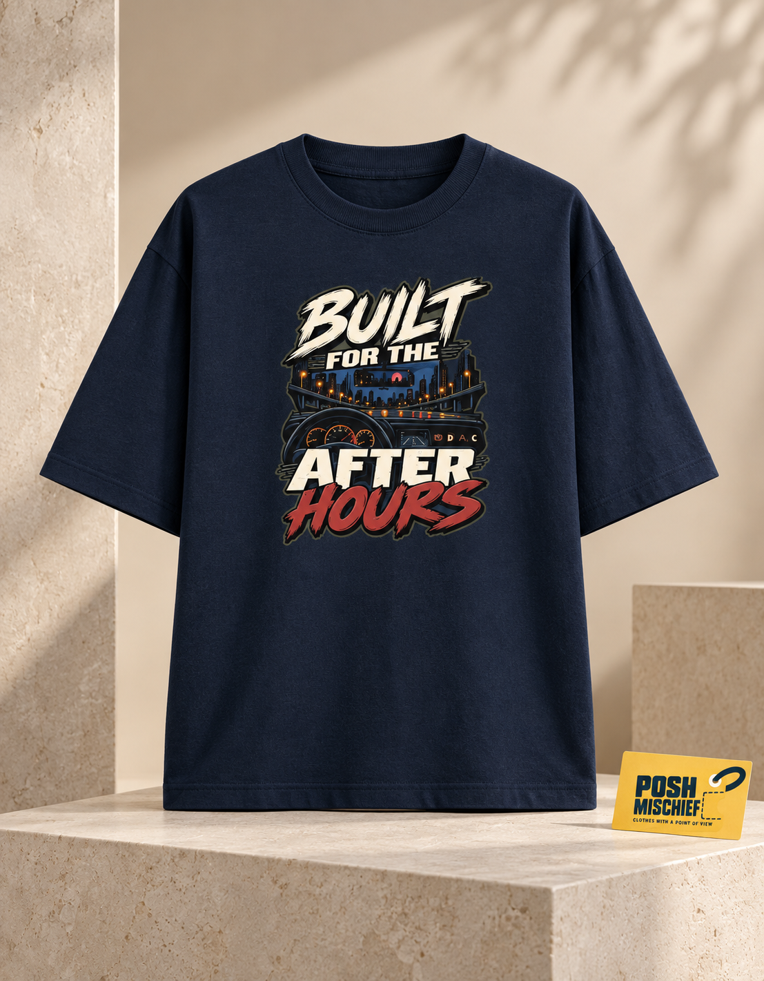 Premium studio product-only front view, Navy Blue Built for the After Hours oversized T-shirt