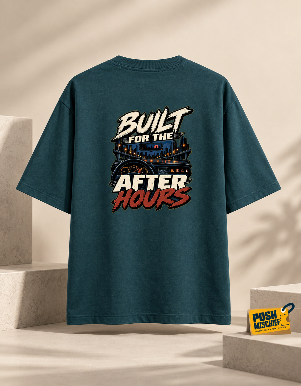 Premium studio product-only back view, Petrol Blue Built for the After Hours oversized T-shirt