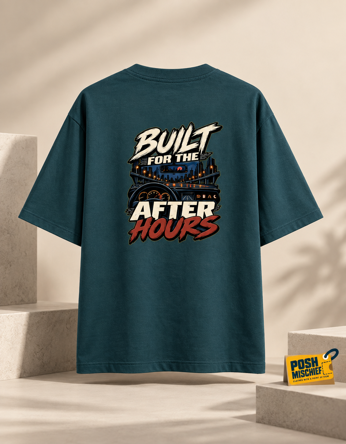 Premium studio product-only back view, Petrol Blue Built for the After Hours oversized T-shirt