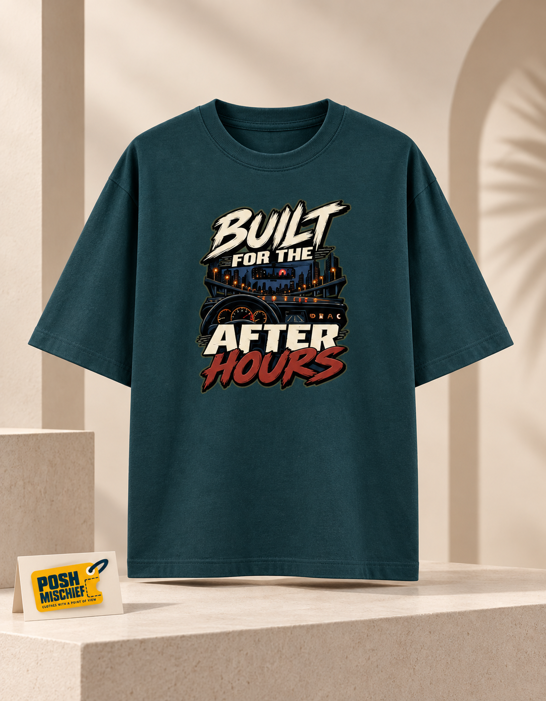 Premium studio product-only front view, Petrol Blue Built for the After Hours oversized T-shirt