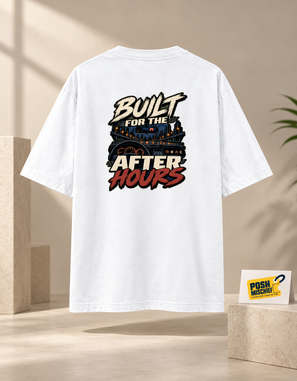 Premium studio product-only back view, White Built for the After Hours oversized T-shirt