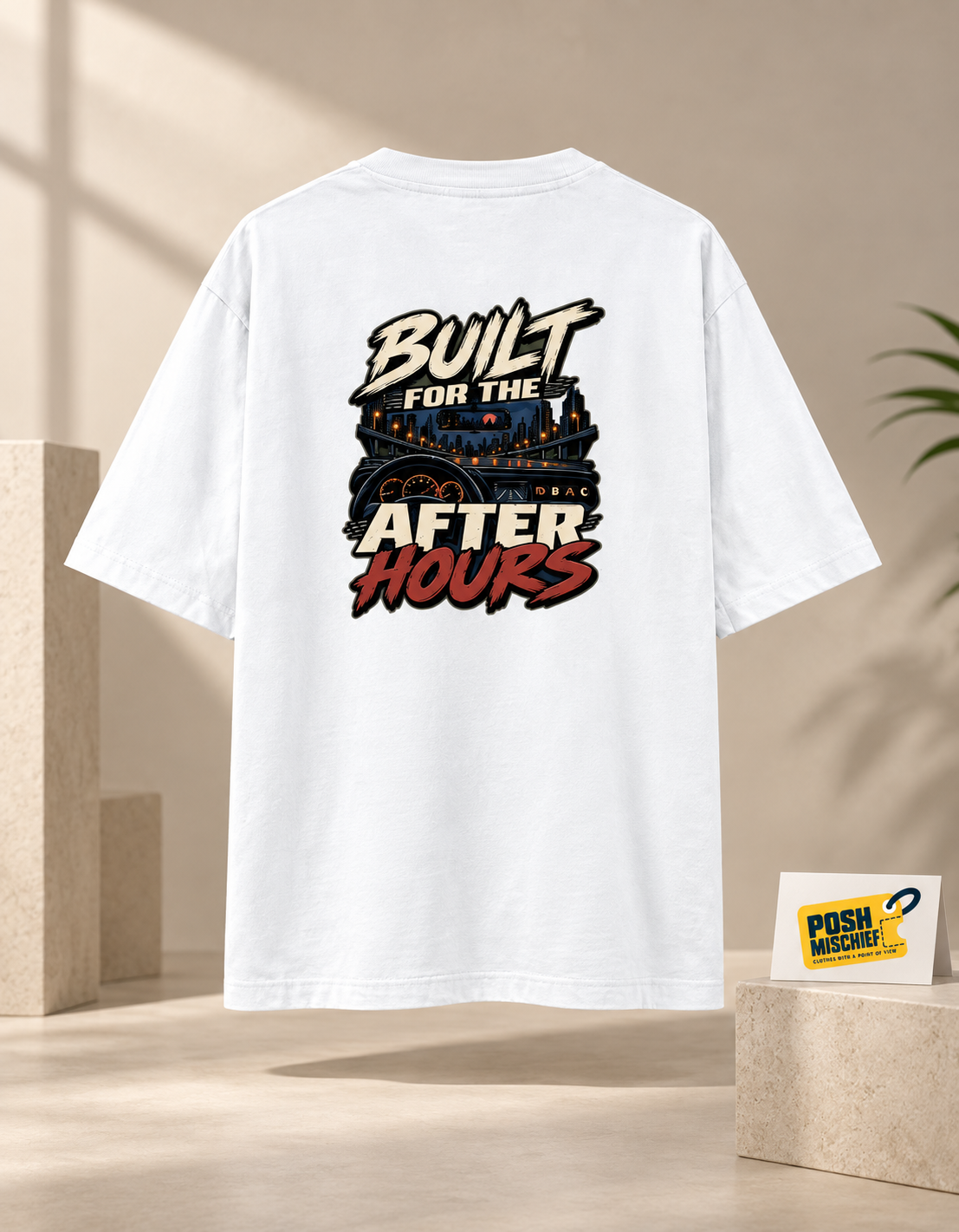 Premium studio product-only back view, White Built for the After Hours oversized T-shirt