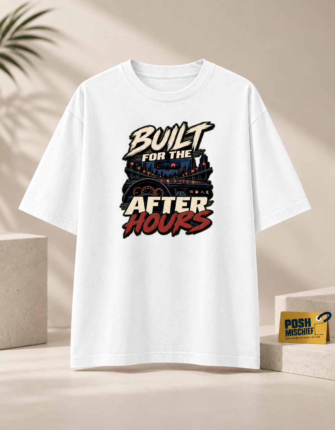 Premium studio product-only front view, White Built for the After Hours oversized T-shirt