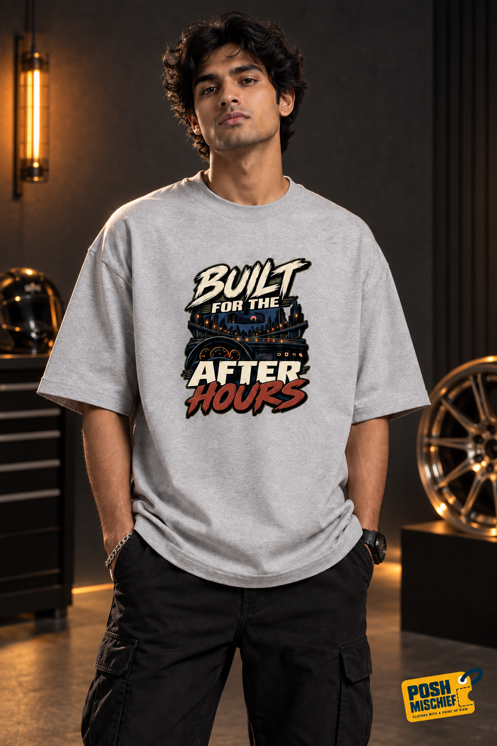 Studio front view: Indian model wearing the Grey Melange Built for the After Hours oversized T-shirt