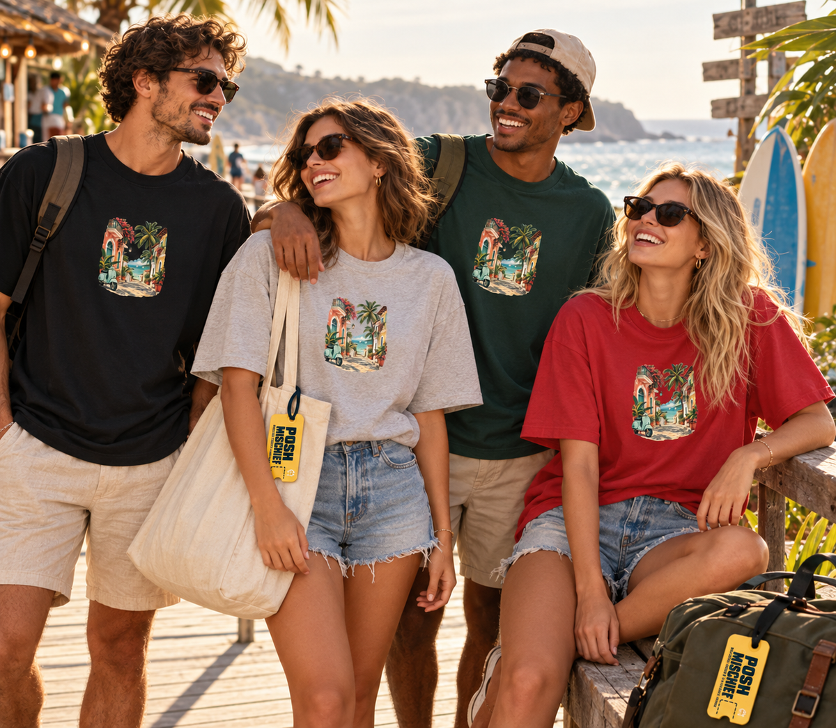 Coastal Escape oversized T-shirt, restrained print, beach group