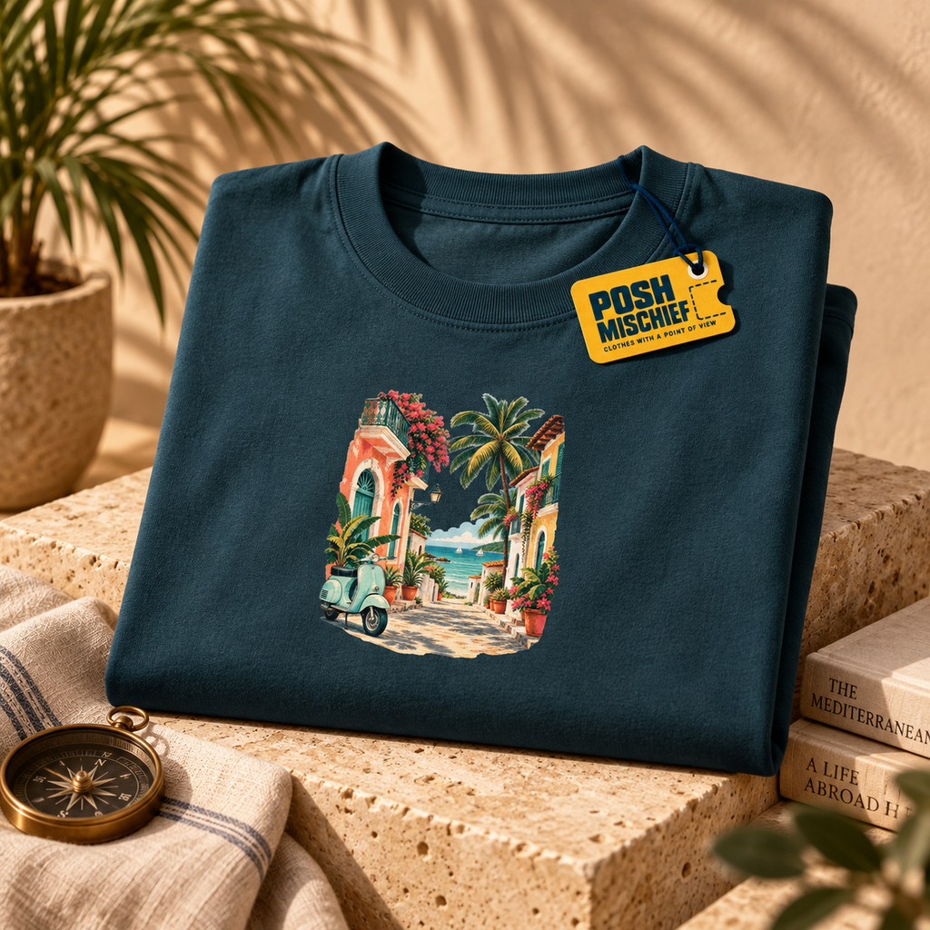 Coastal Escape oversized T-shirt, restrained print, premium studio shot