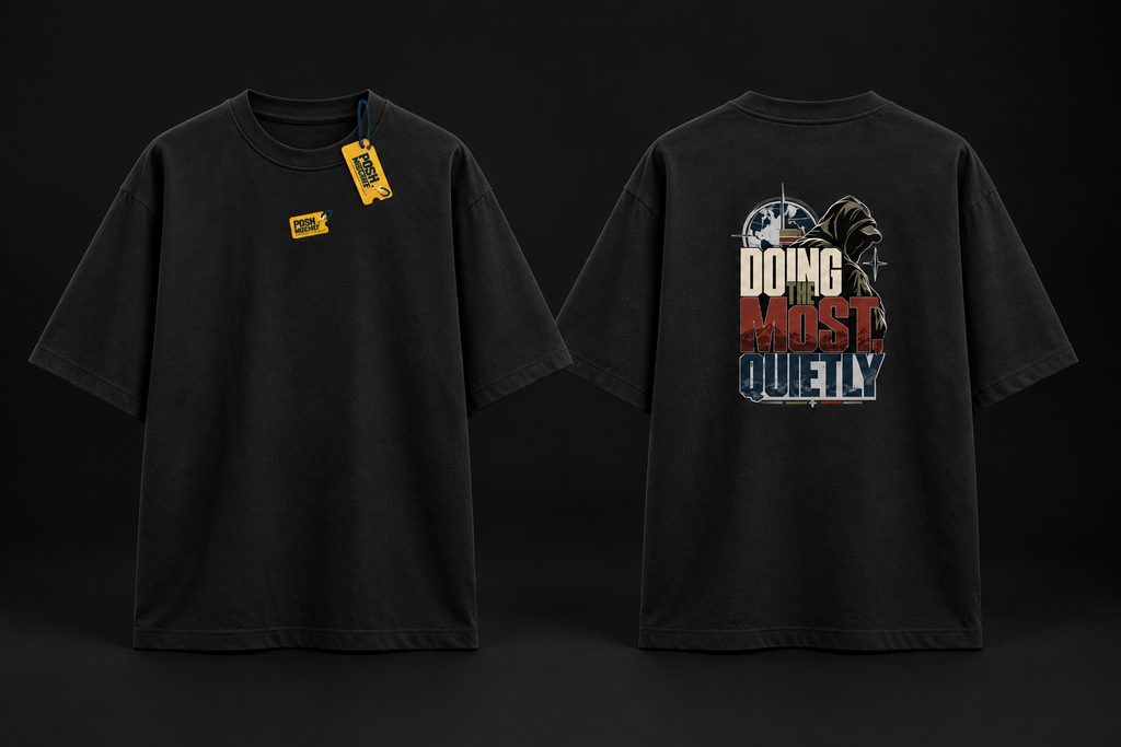 Doing the Most Quietly oversized T-shirt, black, studio front and back mockup