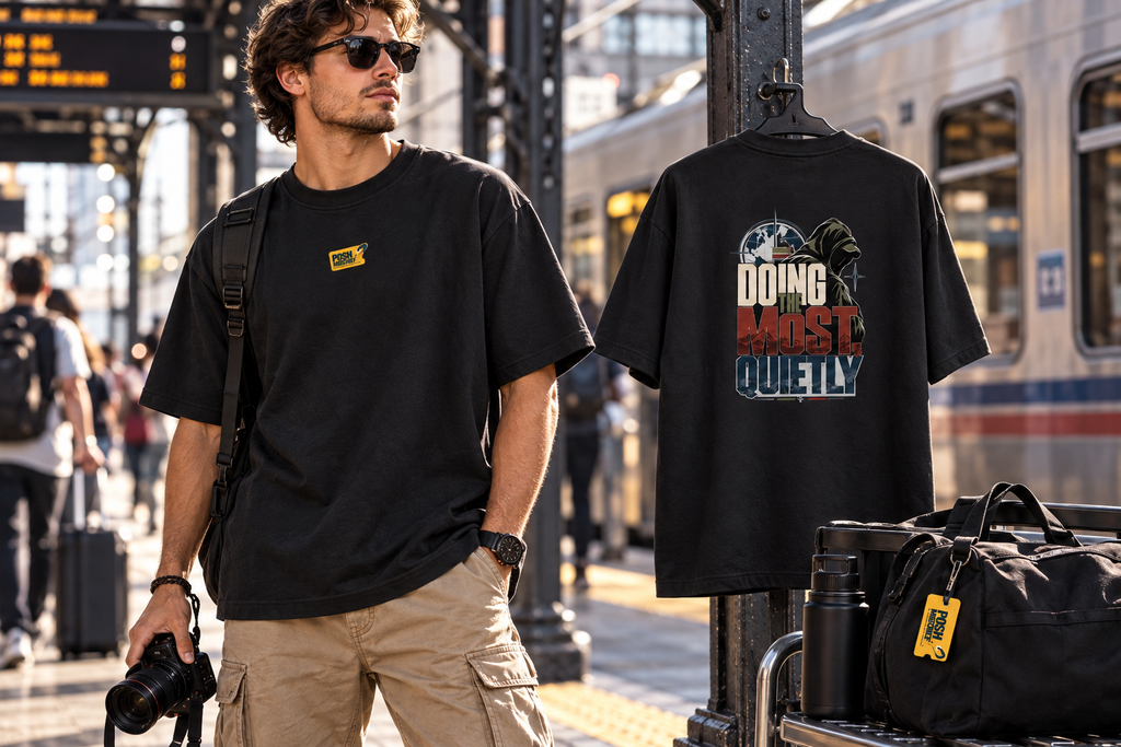 Doing the Most Quietly oversized T-shirt, black, male train travel lifestyle mockup