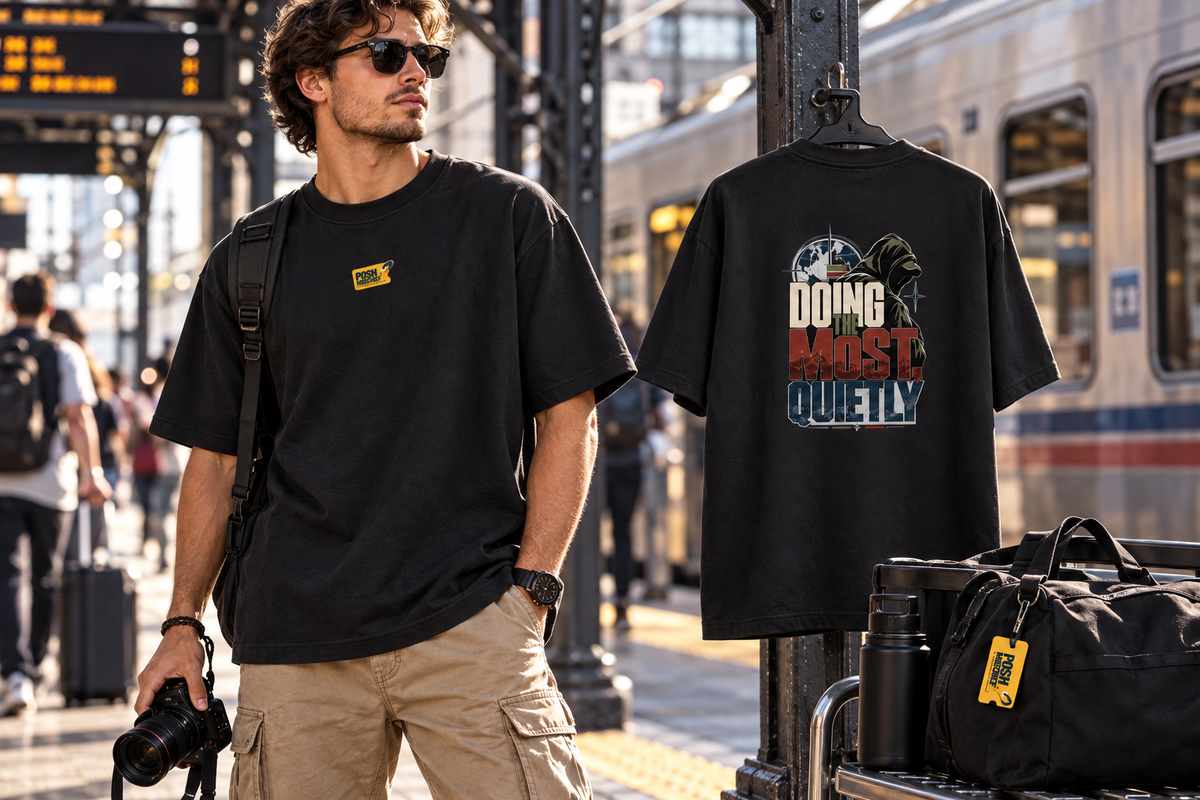 Doing the Most Quietly oversized T-shirt, black, male train travel lifestyle mockup