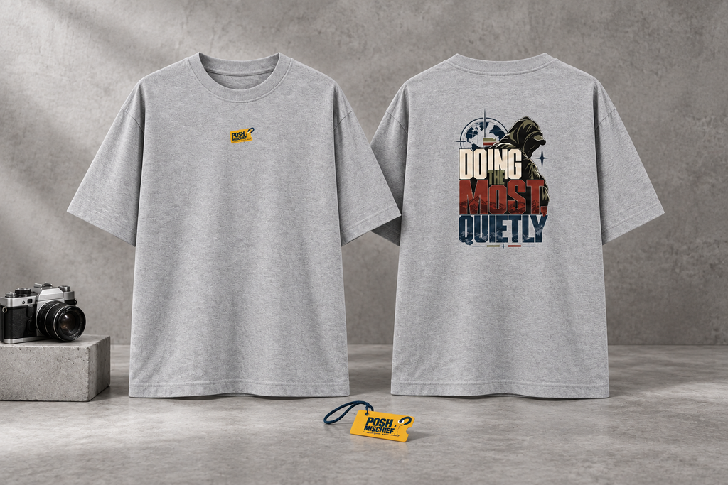 Doing the Most Quietly oversized T-shirt, grey melange, studio front and back mockup
