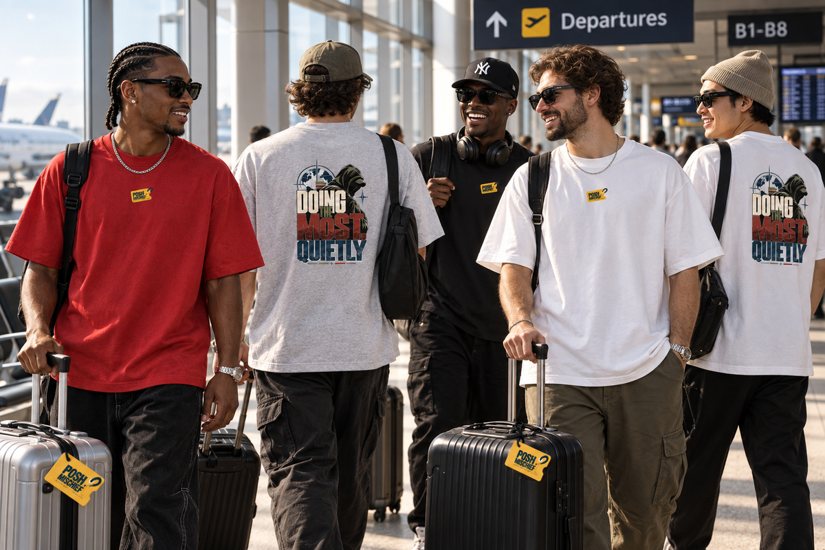 Doing the Most Quietly oversized T-shirt, diverse male airport group travel mockup
