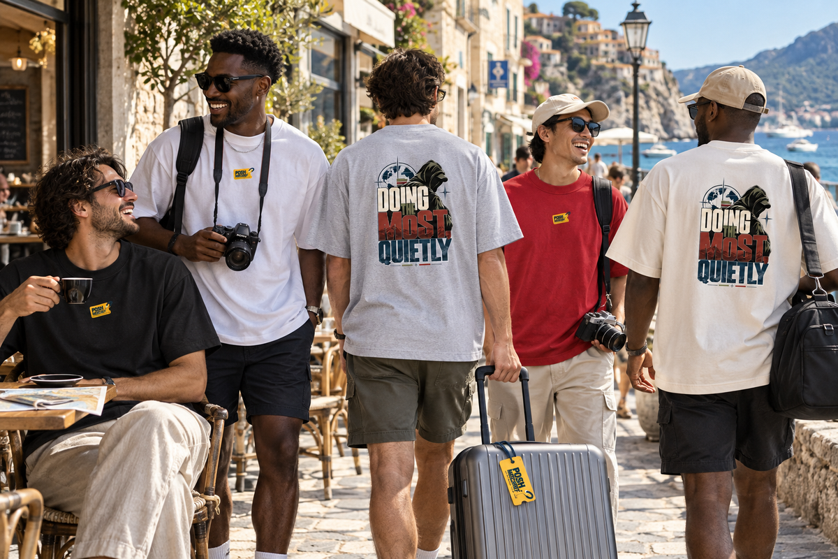 Doing the Most Quietly oversized T-shirt, mixed colour male coastal group travel mockup