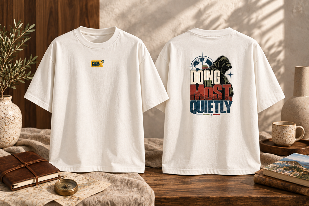 Doing the Most Quietly oversized T-shirt, off white, studio front and back mockup
