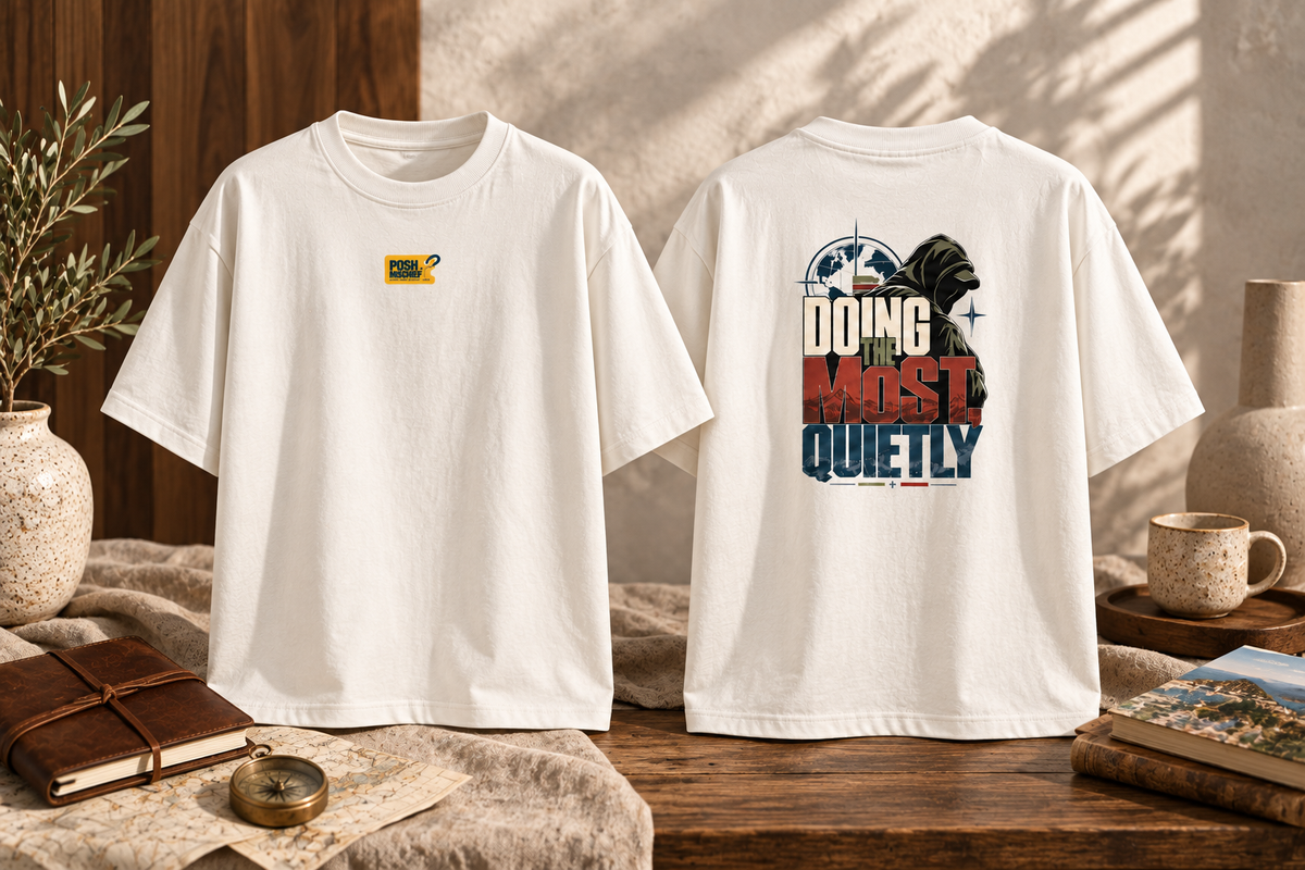 Doing the Most Quietly oversized T-shirt, off white, studio front and back mockup