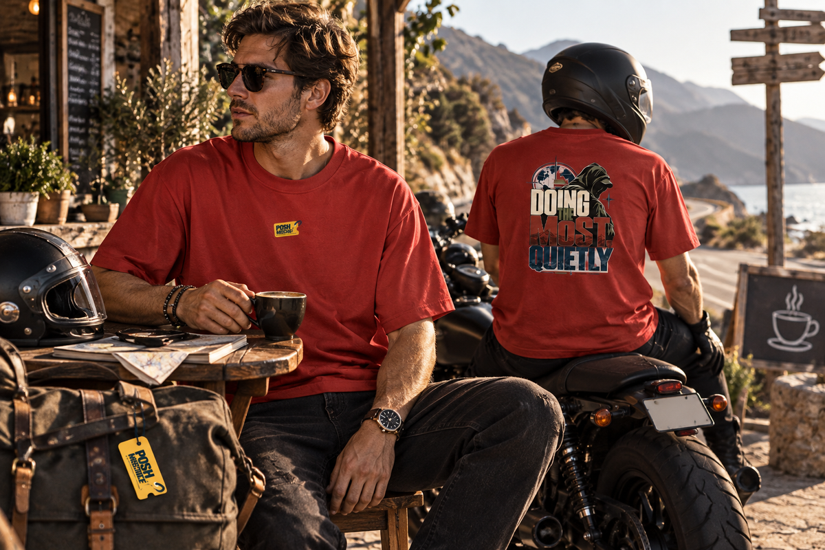 Doing the Most Quietly oversized T-shirt, red, male bike roadtrip lifestyle mockup