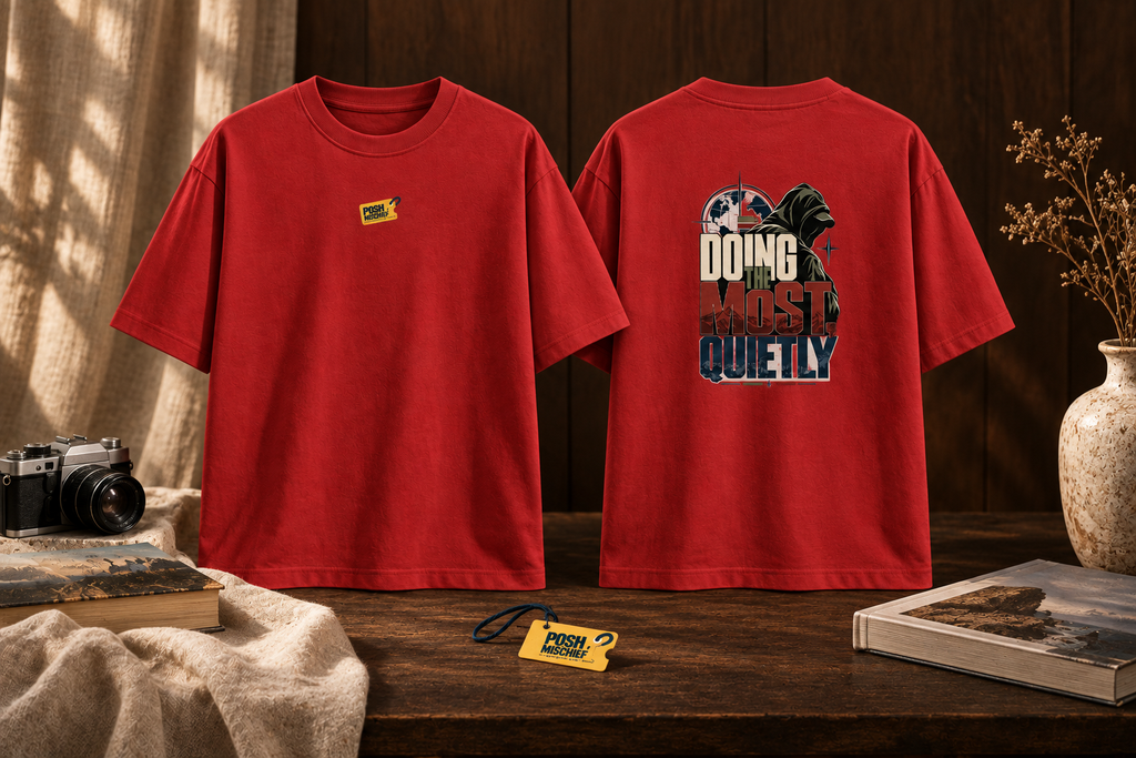 Doing the Most Quietly oversized T-shirt, red, studio front and back mockup