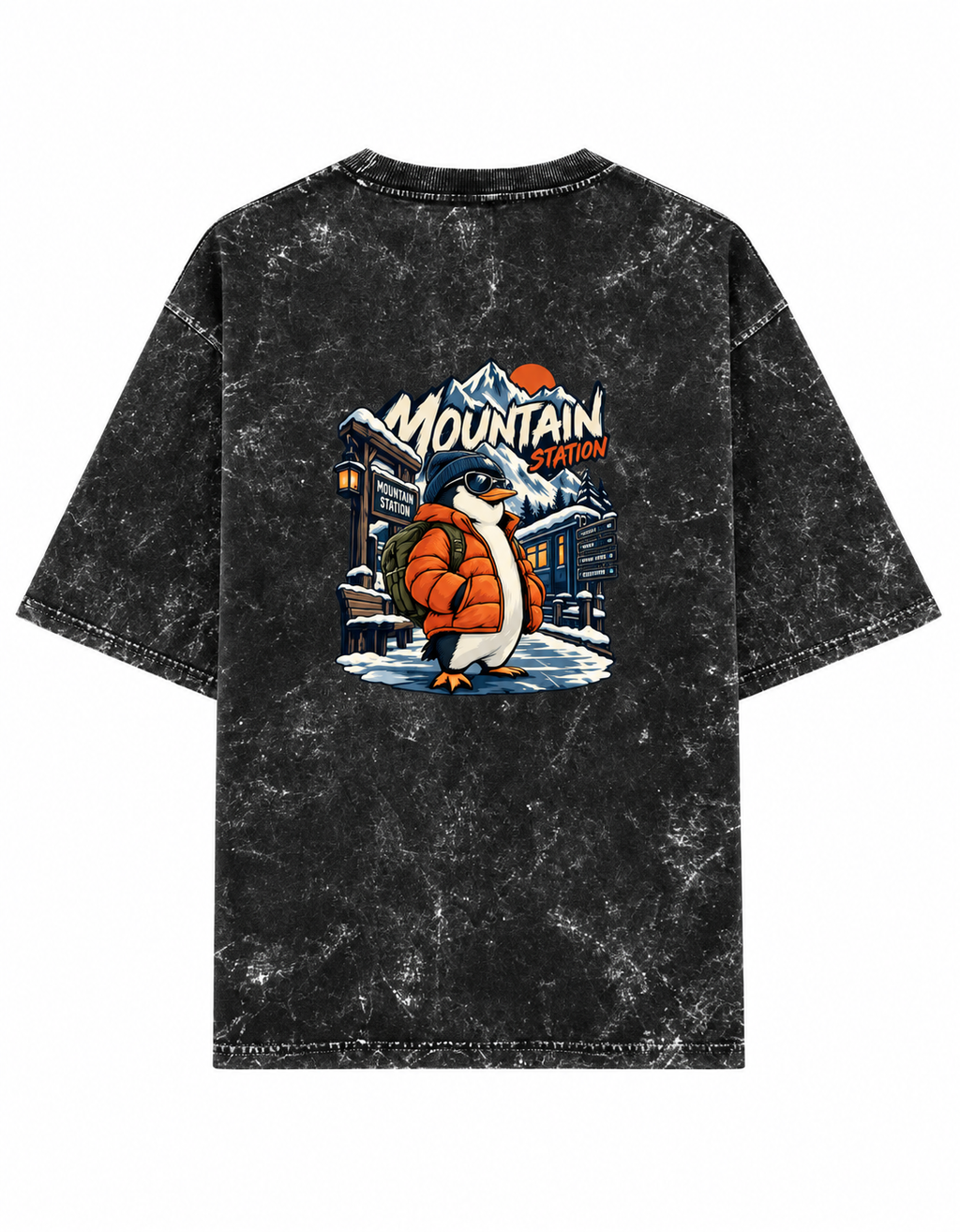 black Mountain Station Penguin acid-wash oversized T-shirt clean back product image