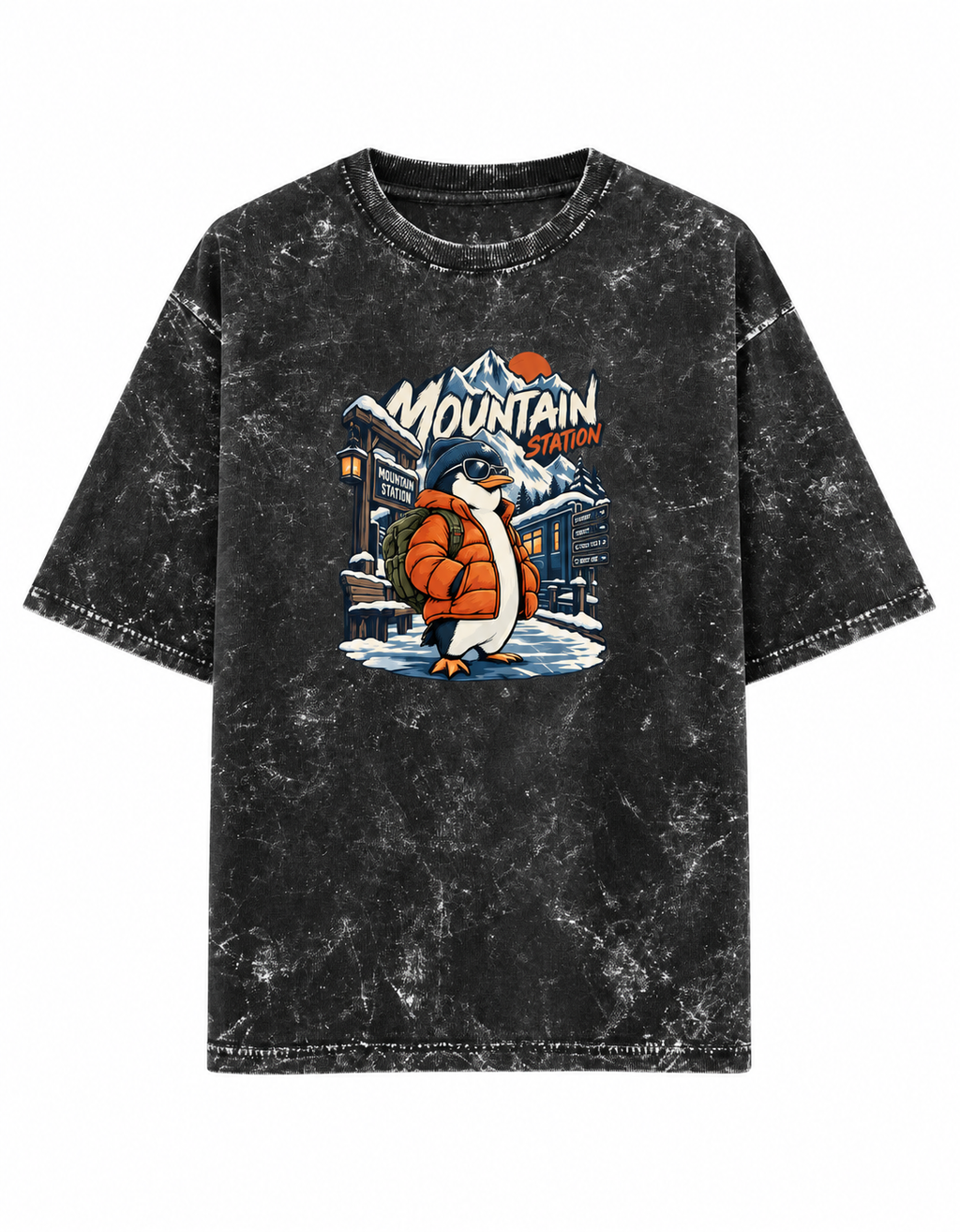 black Mountain Station Penguin acid-wash oversized T-shirt clean front product image