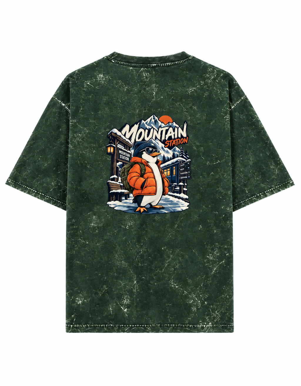 bottle green Mountain Station Penguin acid-wash oversized T-shirt clean back product image