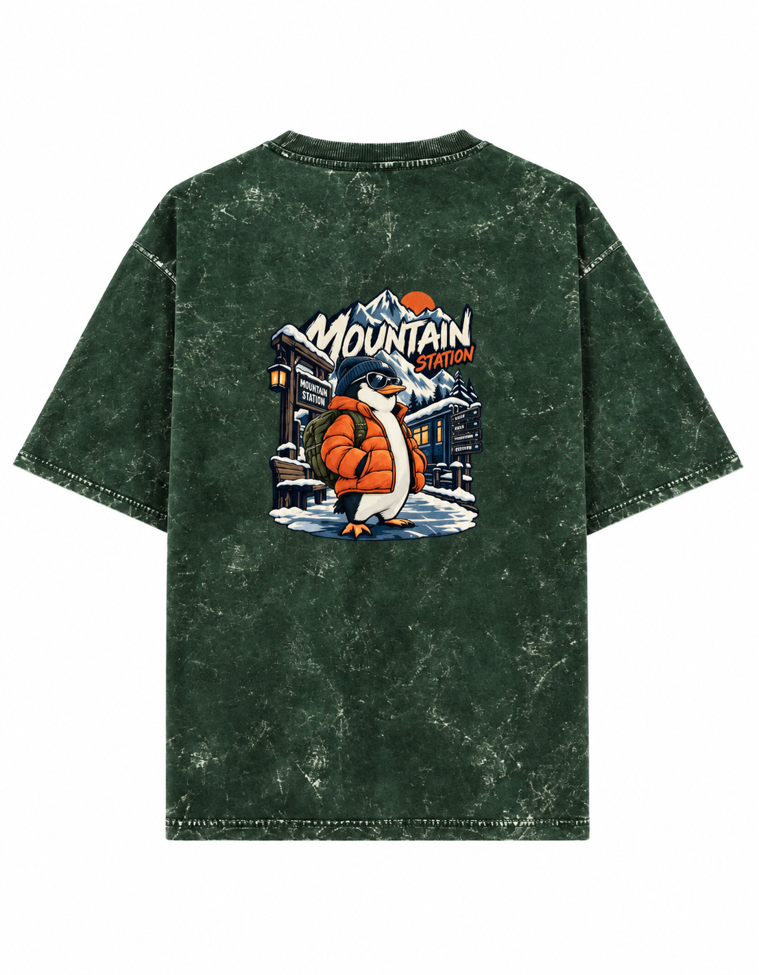 bottle green Mountain Station Penguin acid-wash oversized T-shirt clean back product image
