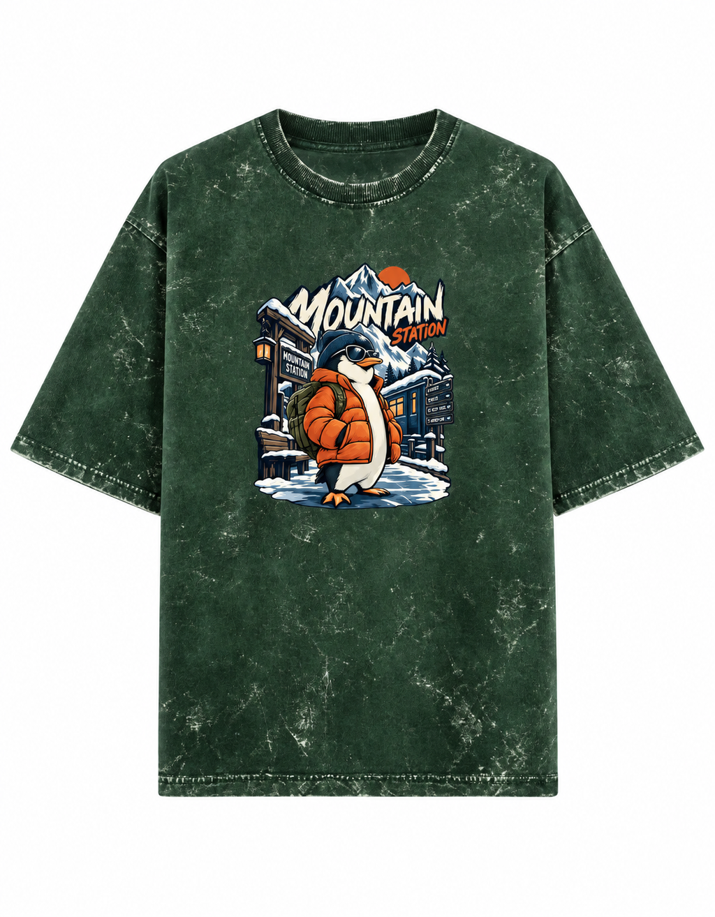 bottle green Mountain Station Penguin acid-wash oversized T-shirt clean front product image