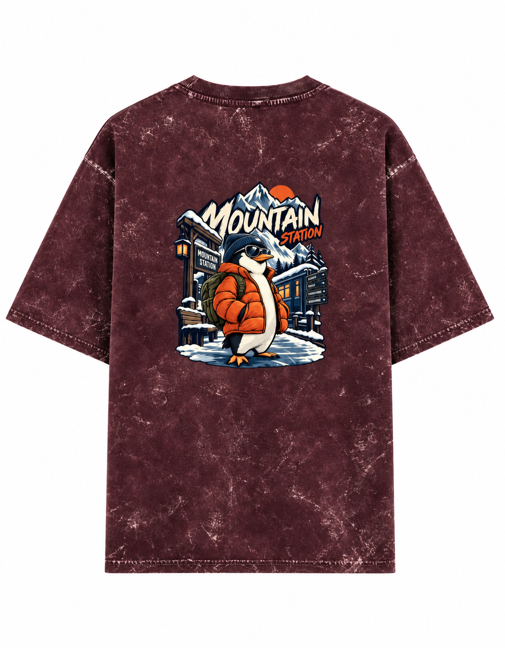 maroon Mountain Station Penguin acid-wash oversized T-shirt clean back product image