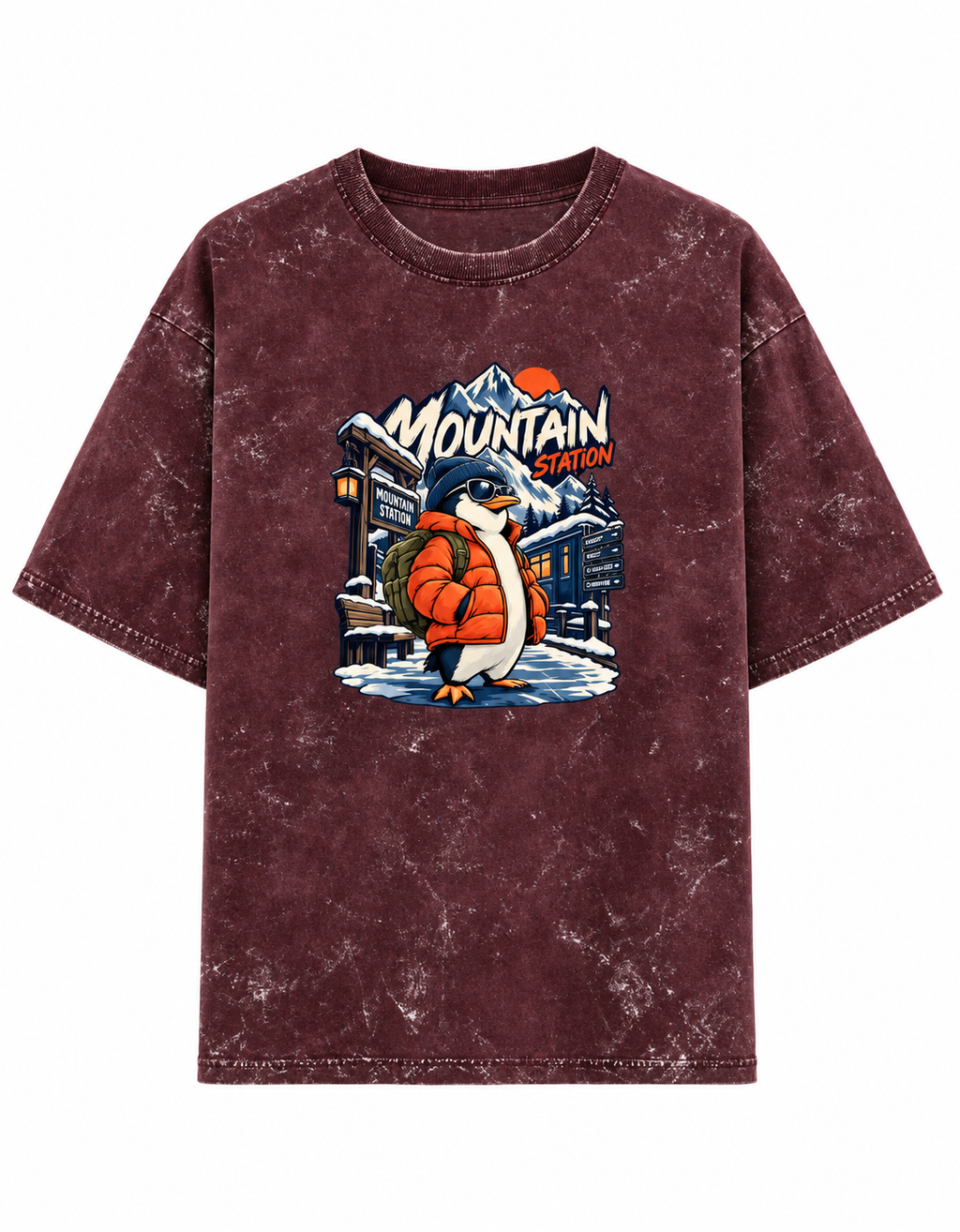 maroon Mountain Station Penguin acid-wash oversized T-shirt clean front product image