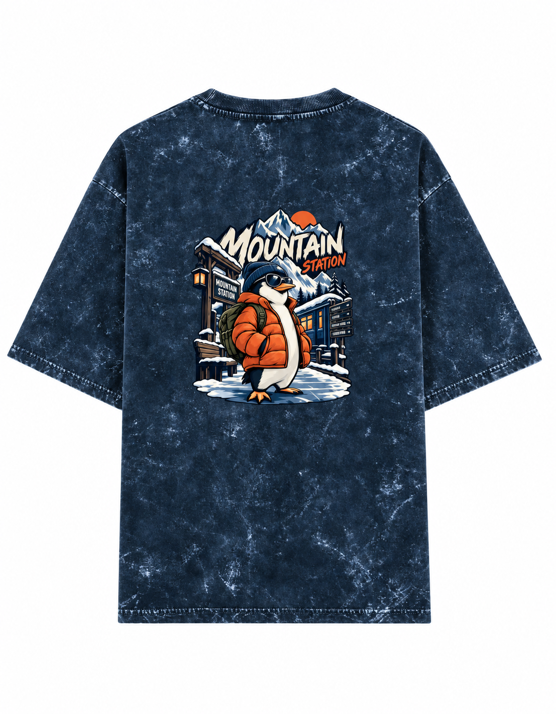 navy blue Mountain Station Penguin acid-wash oversized T-shirt clean back product image