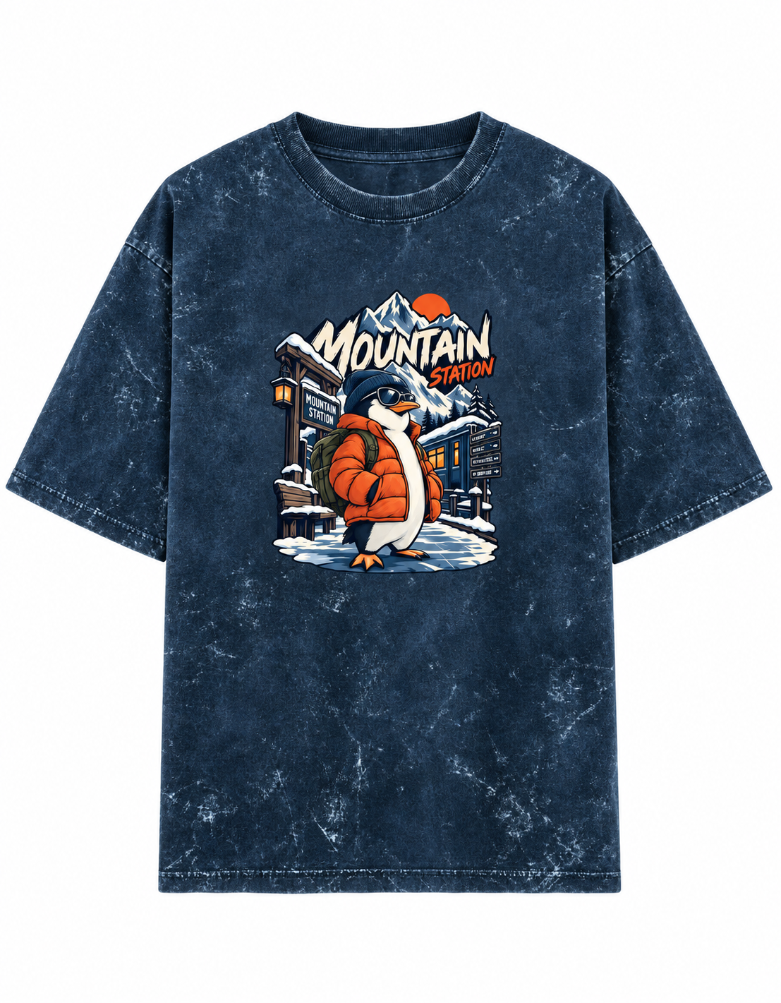 navy blue Mountain Station Penguin acid-wash oversized T-shirt clean front product image