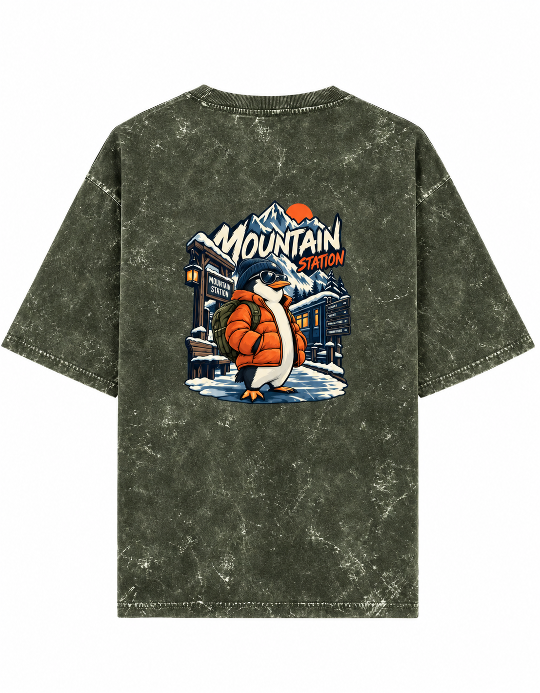 olive green Mountain Station Penguin acid-wash oversized T-shirt clean back product image