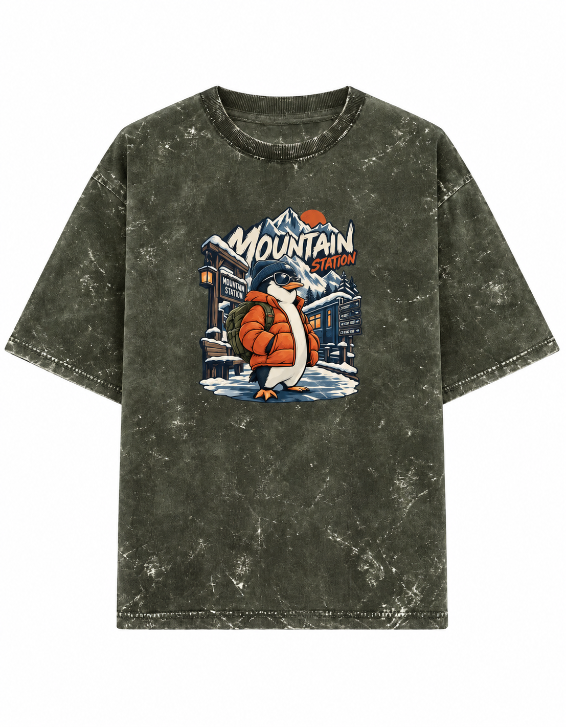 olive green Mountain Station Penguin acid-wash oversized T-shirt clean front product image