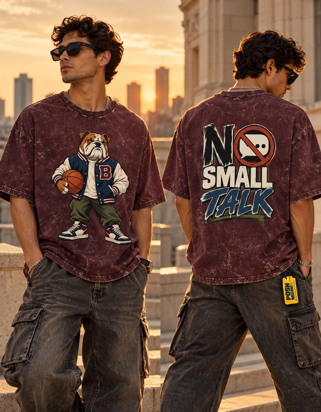 No Small Talk Bulldog Acid Wash Oversized T-Shirt