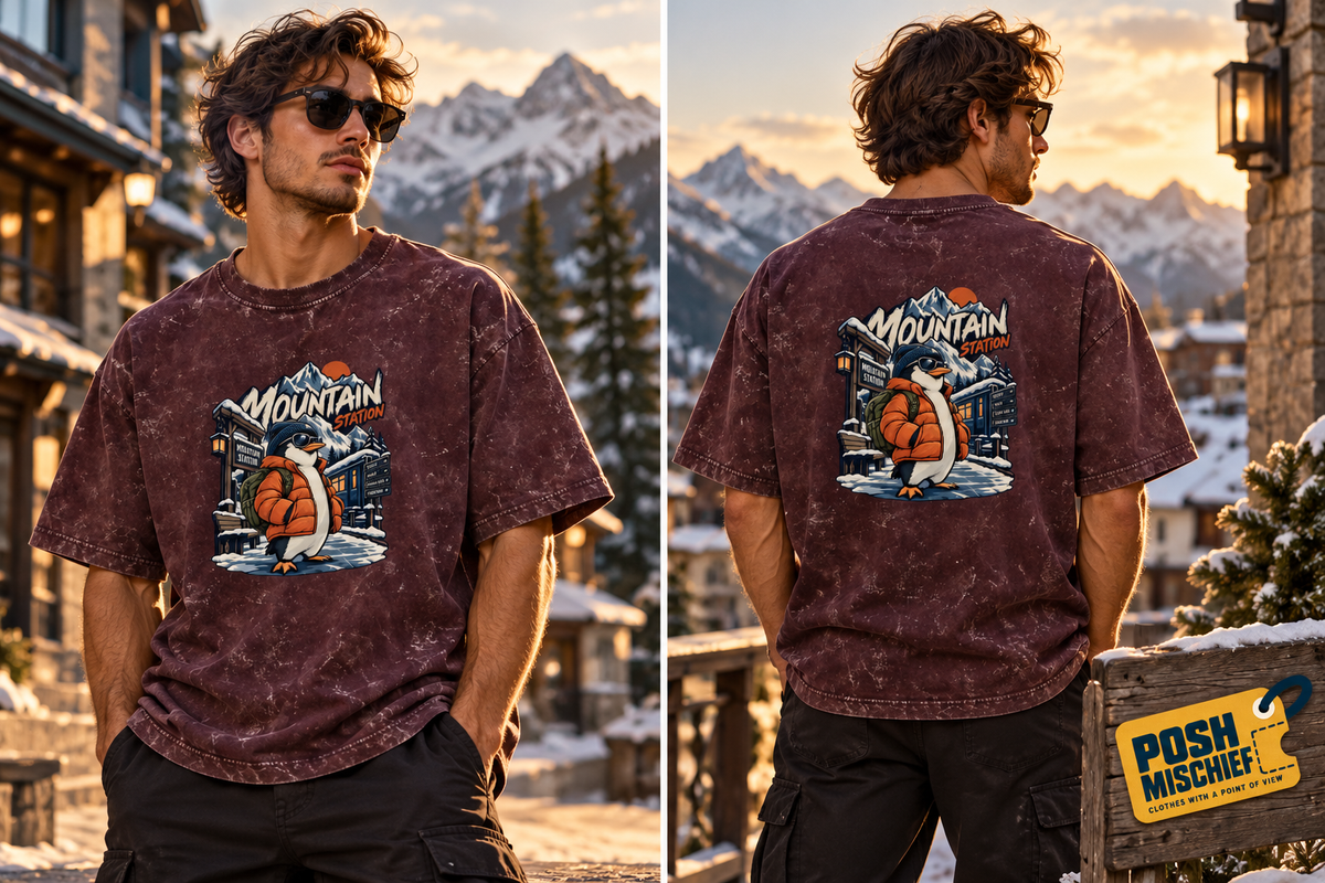 Adult model wearing the Maroon Mountain Station Penguin acid-wash oversized T-shirt, front and back outdoor fashion view