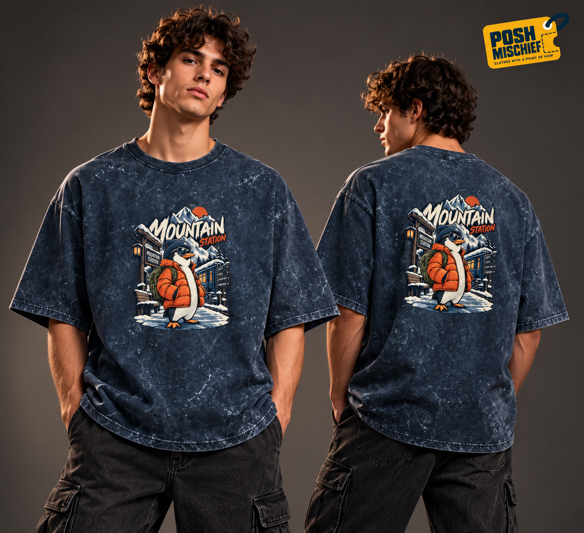 Maroon Mountain Station Penguin acid-wash oversized T-shirt, front and back studio product view