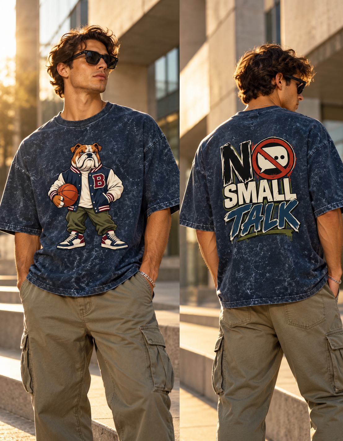 No Small Talk Bulldog Acid Wash Oversized T-Shirt
