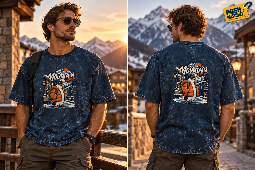 Adult model wearing the Navy Blue Mountain Station Penguin acid-wash oversized T-shirt, front and back outdoor fashion view