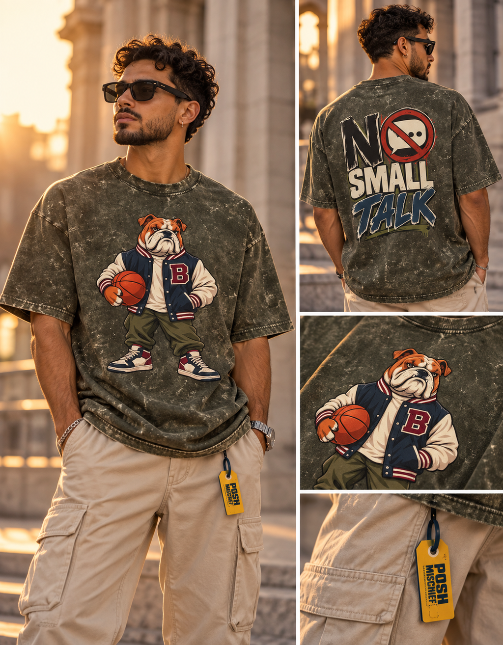 No Small Talk Bulldog Acid Wash Oversized T-Shirt