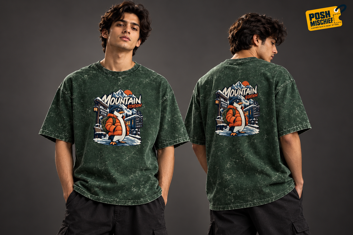 Olive Green Mountain Station Penguin acid-wash oversized T-shirt, front and back studio product view