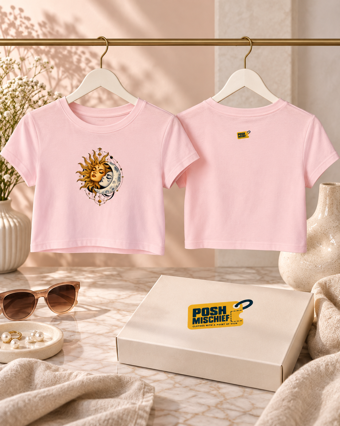 Celestial Sun & Moon Women’s Crop Top – Light Baby Pink